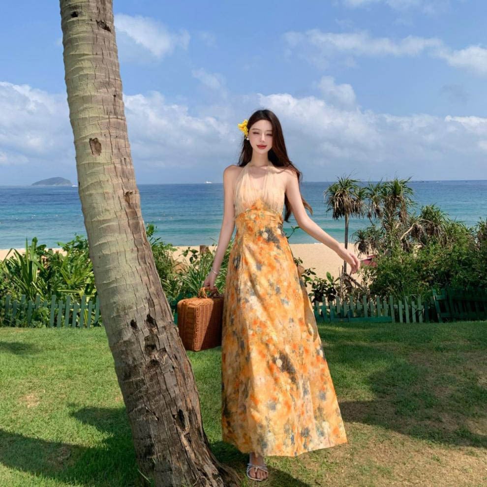 ロングドレスサンドレスホルターネック花柄チュールAライン着痩せ気質