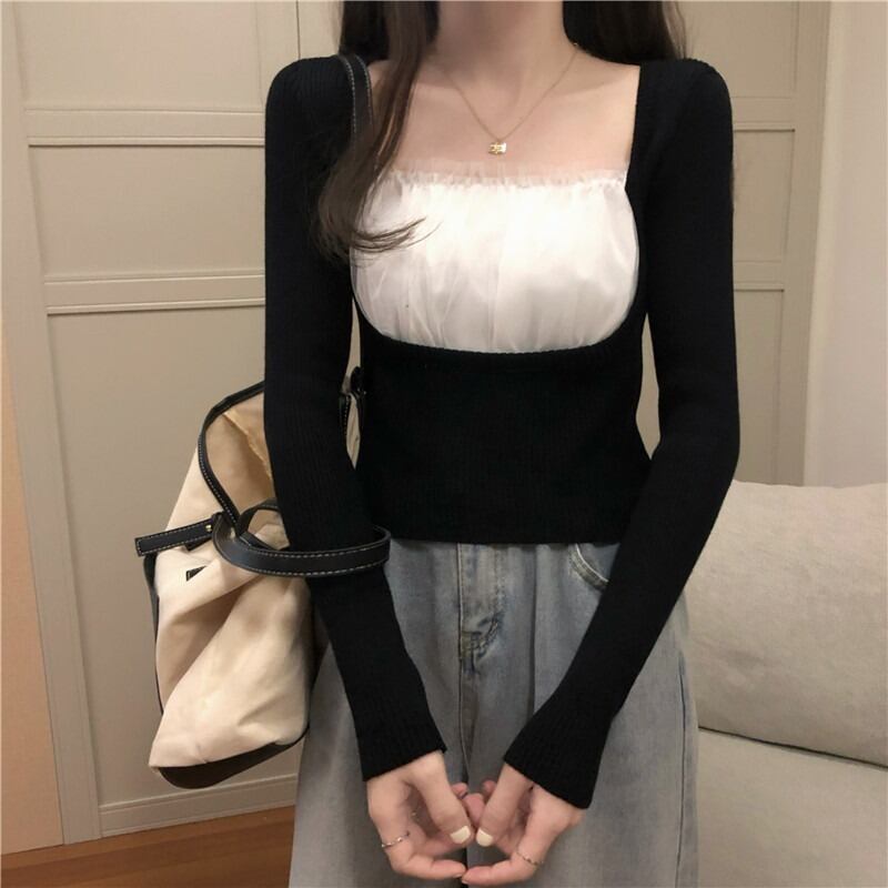 スタンダードメッシュニットセーター スリムシャツ ショートトップス レトロ スクウェア ステッチ 萌量不足46255710014