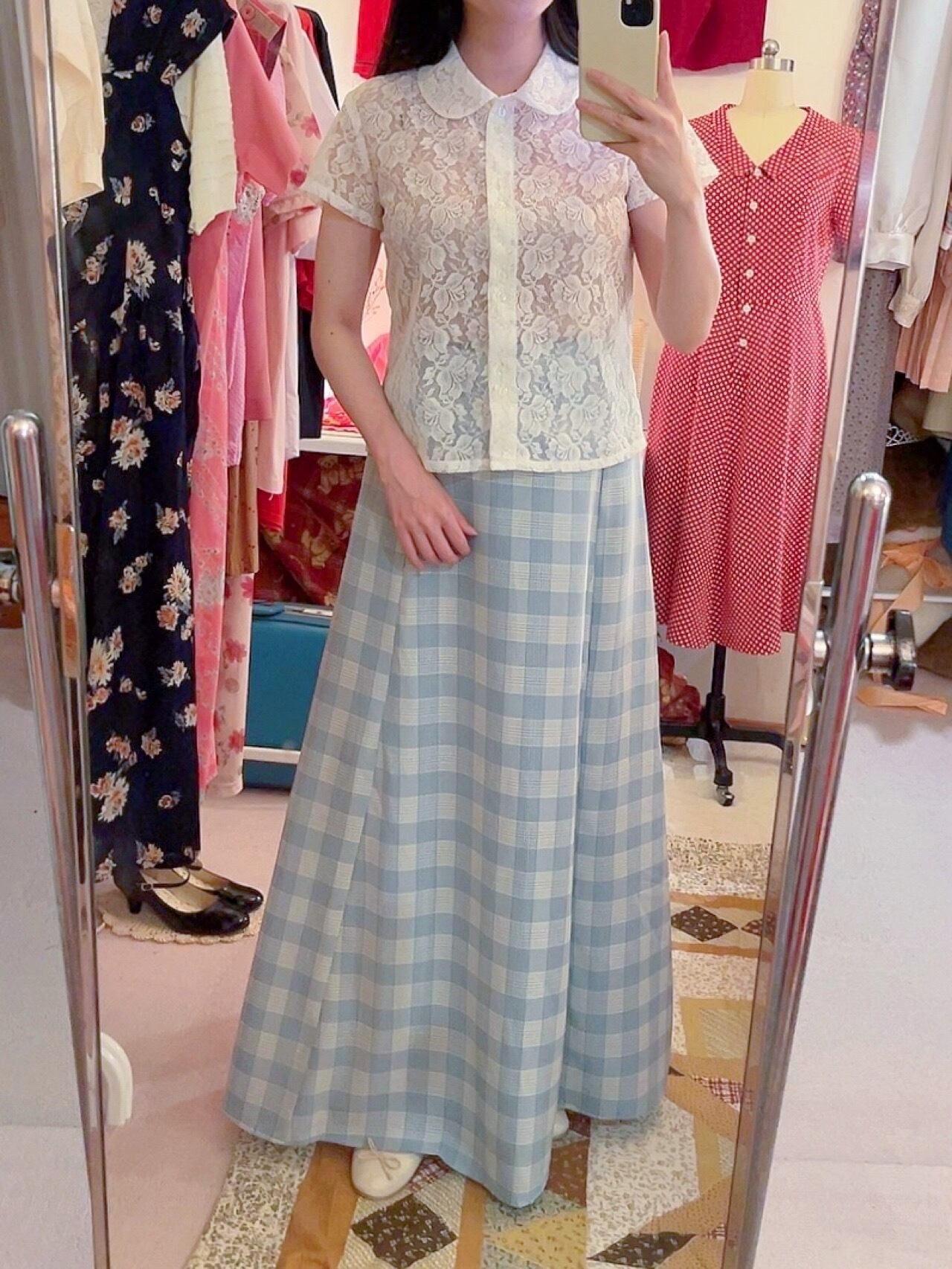 light blue block check skirt