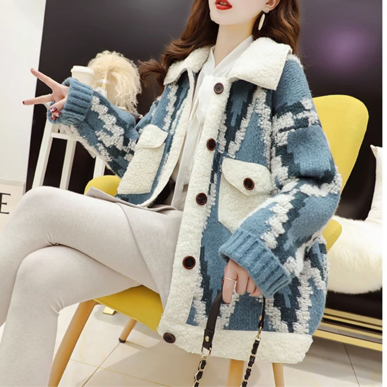 ウォーム ニットオーバー ジャケット-ブルー