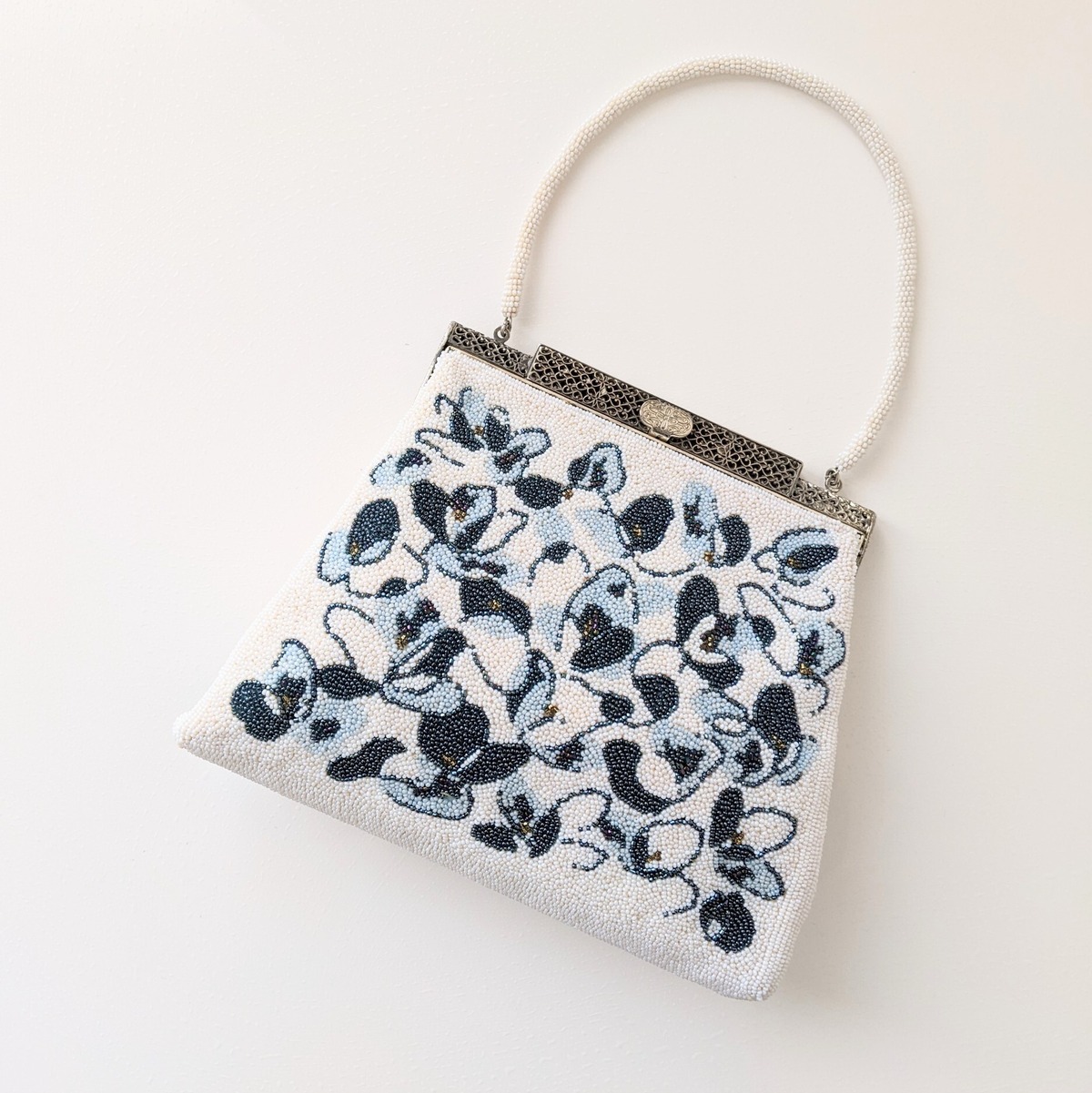 Vintage】ビーズ刺繍バッグ Beaded Bag 白 青 抽象柄 モダニズム 