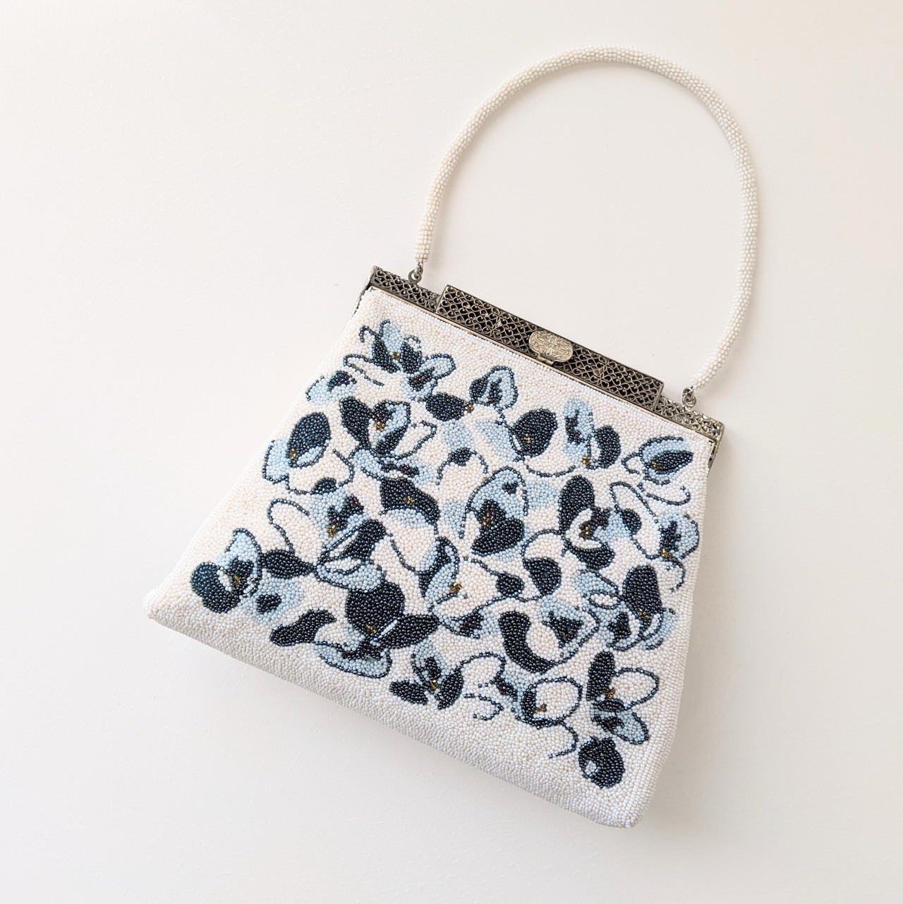 Vintage】ビーズ刺繍バッグ Beaded Bag 白 青 抽象柄 モダニズム 