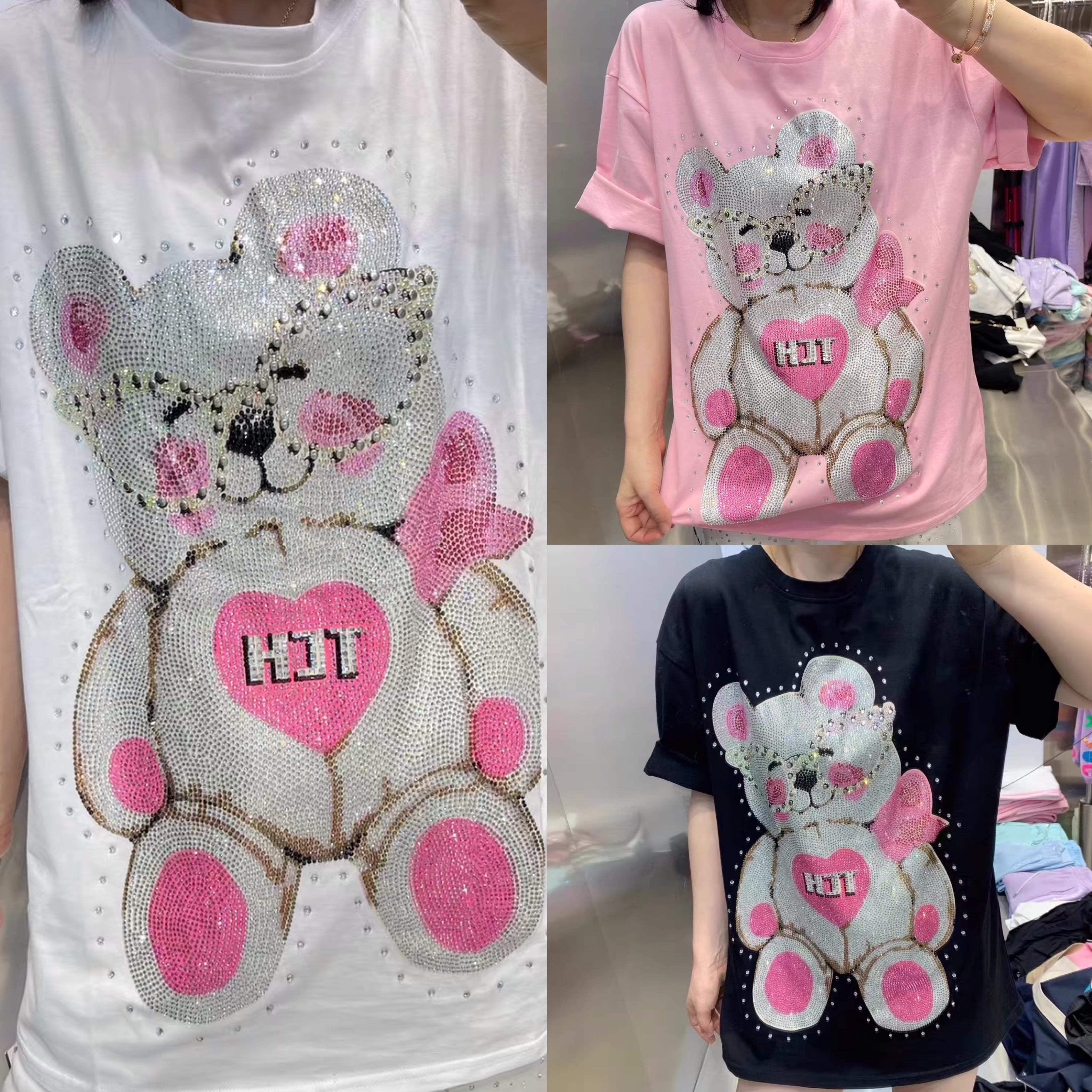 Tシャツ パール ラインストーン デコレーション 緑 ブラウス
