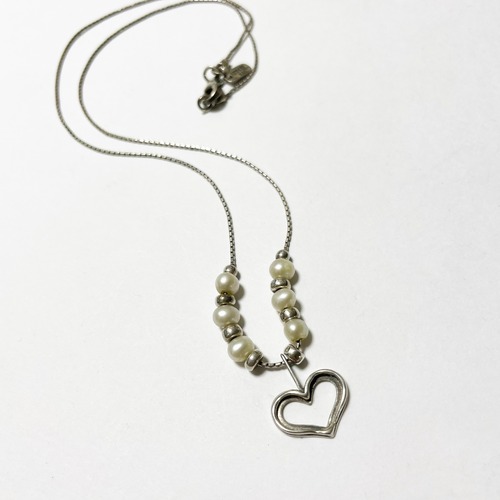 Vintage 925 Silver Beads Freshwater Pearl Heart Necklace Made In Israel