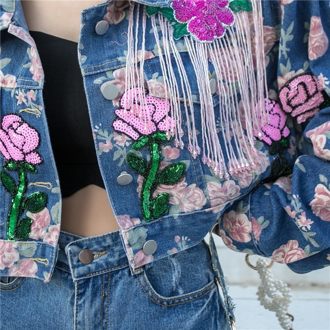 ジャケット 花柄 フラワー ラインストーン スパンコール 薔薇 紫 