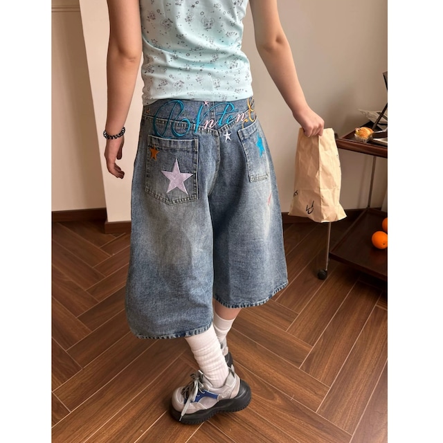 バックロゴスターモチーフデニムキュロットパンツ 1col R02526