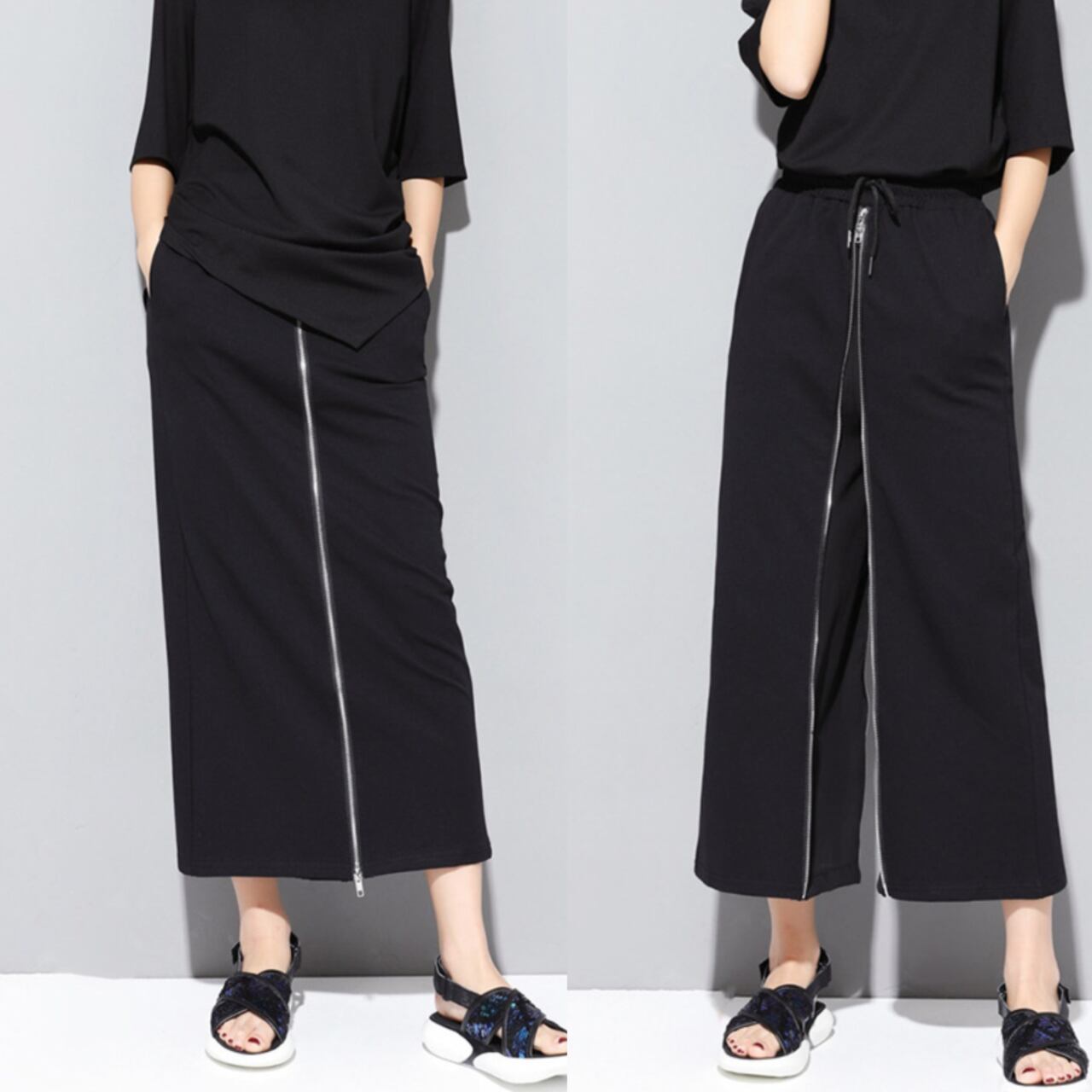 スカート風に変形できる前ジップ付きクロップドパンツR1185