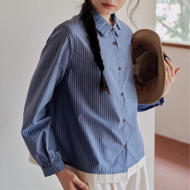 ストライプショートヘムデザインシャツ　M0134
