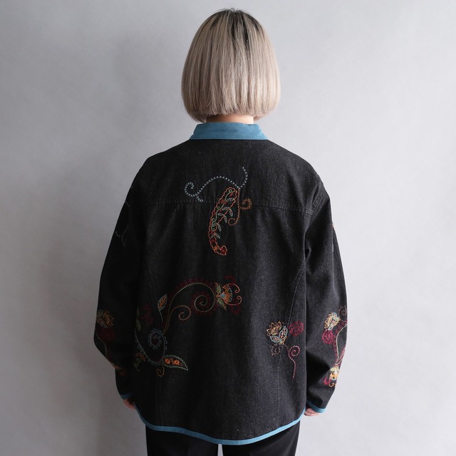 piping and embroidery art design black denim jacket