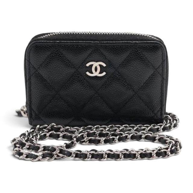 Rare◇CHANEL Matelasse Caviar Skin Coin Case Black Silver Hardware Shoulder Bag 909