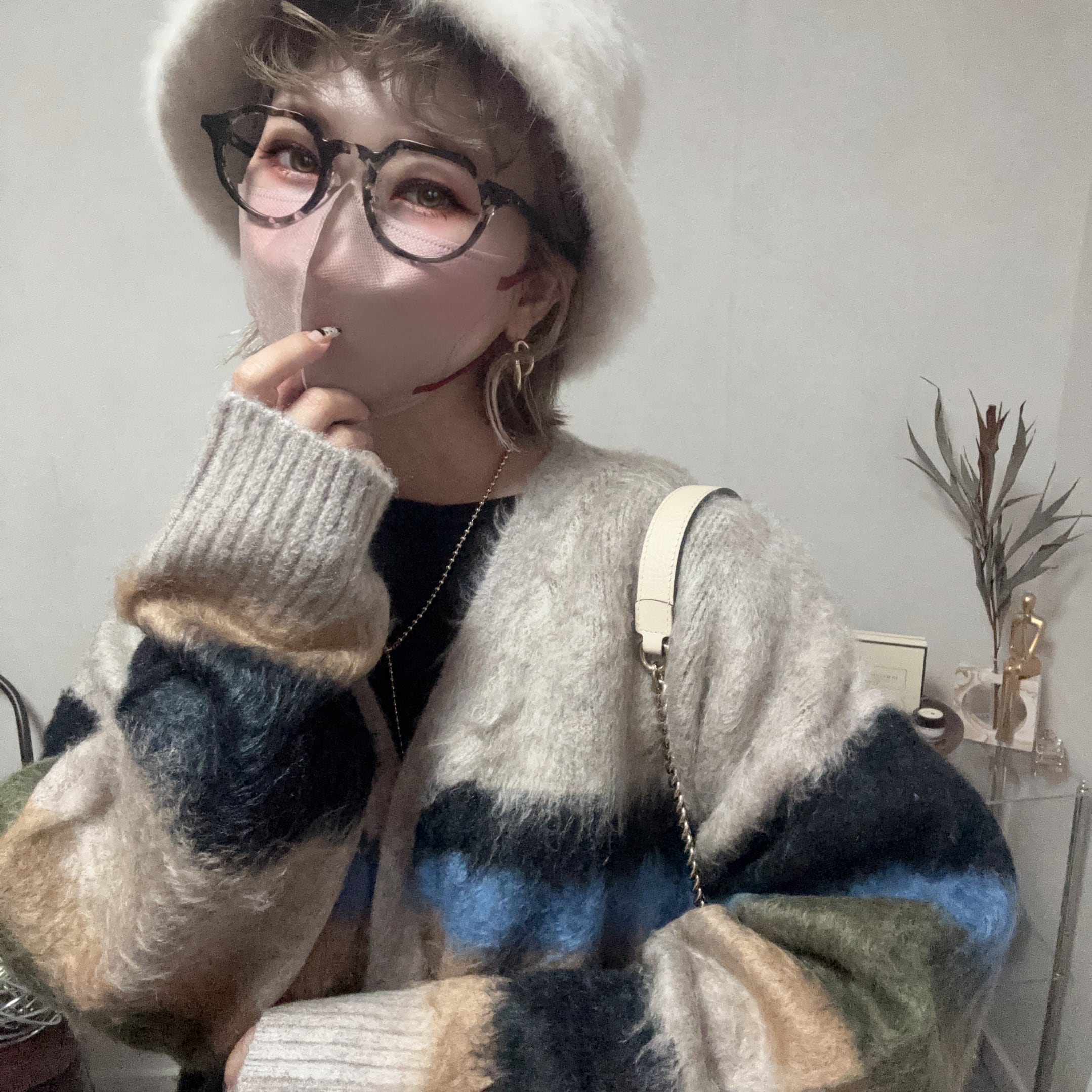 stripe shaggy knit cardigan【Beige】