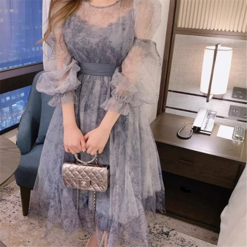 ドレス ミモレ丈ドレス レースドレス ミモレ ミモレ丈 袖あり 長袖 ランタンスリープ ラウンドネック シフォン フリル ハイウエスト プルオーバー かわいい 大人可愛い きれいめ シンプル 大人 上品 おしゃれ お洒落 大人可愛い 大人女子 ラブリー キュート ガーリー 個性的 クール セクシー エレガント 華やか 上品 お姫様 お嬢様 清楚 20代 30 レディース デート パーティー イベント レストラン 韓国 韓国系 オルチャン ファッション フリーサイズ 紺 茶色