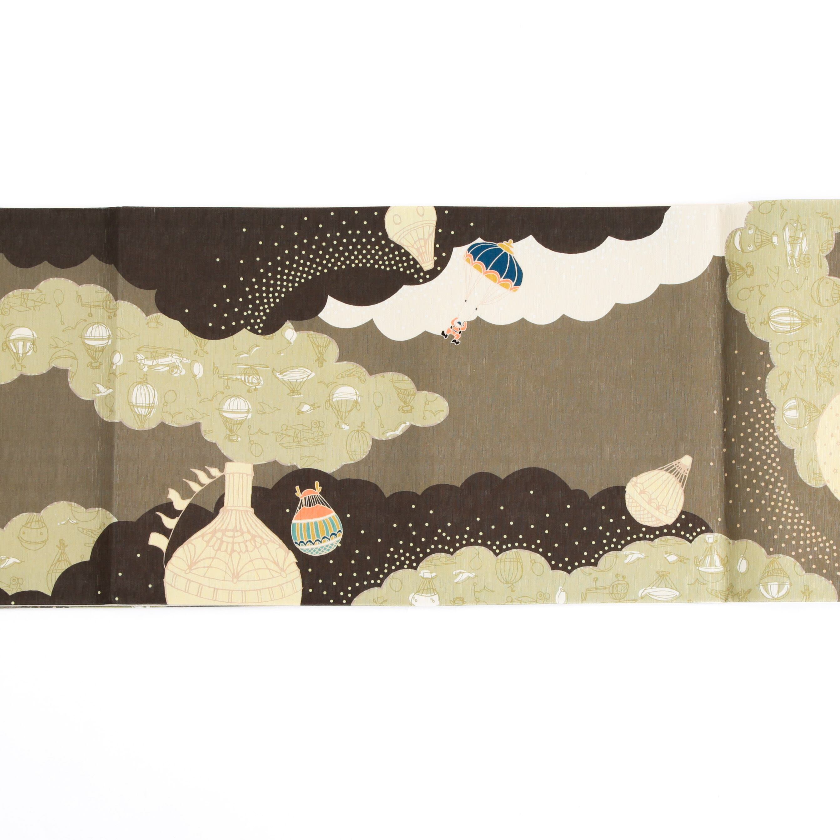 新品・未使用 WAKKA 正絹 京袋帯【空中散歩／オリーブ】お仕立て上がり 着物 帯 カジュアル 一重太鼓 OB-62 新品・未使用 WAKKA 正絹 京袋帯【空中散歩／オリーブ】お仕立て上がり