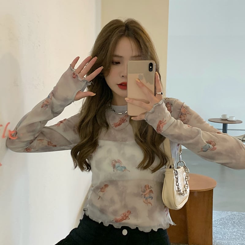 透明感up 天使柄 シアートップス メロウデザイン シースルー インナー カットソー イラスト エンジェル レイヤード ユニークデザイン Lamitte Deco トレンド 韓国ファッション ショップ Base店