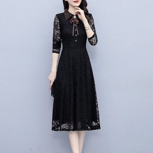 ワンピース ミドル丈 レース 長袖 無地 透け感 シンプル ポロカラー リボン ボタン プルオーバー Aライン ハイウエスト 春 秋 レトロ ブラック 20代 30代 レディース お出かけ パーティー