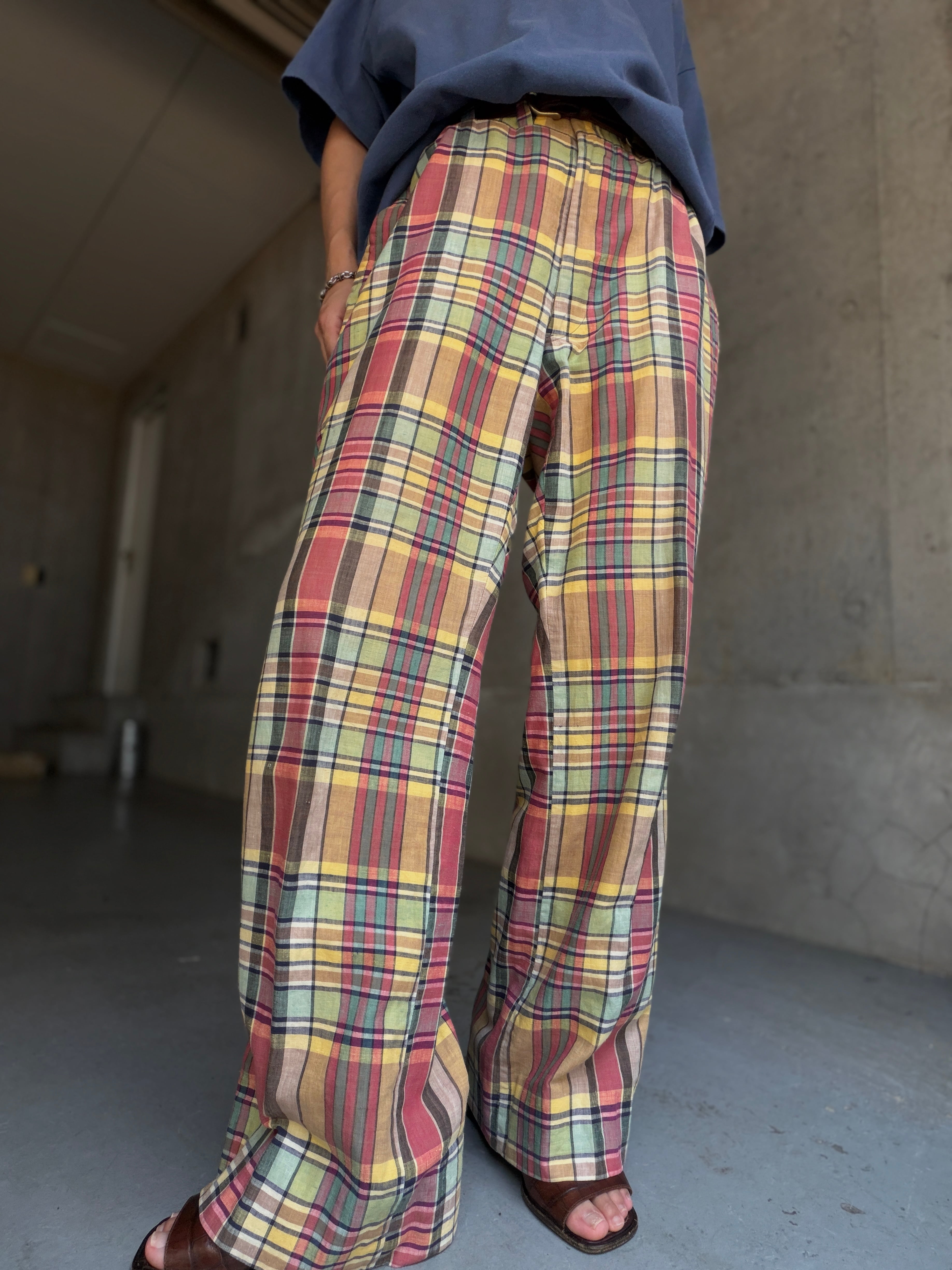 (PT1084)70’s Hand Woven Indian madras check cotton pants