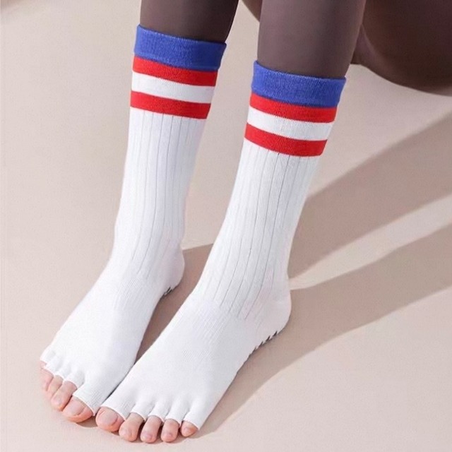 オープントゥ リブ編み ボーダー柄 ソックス　6　00025