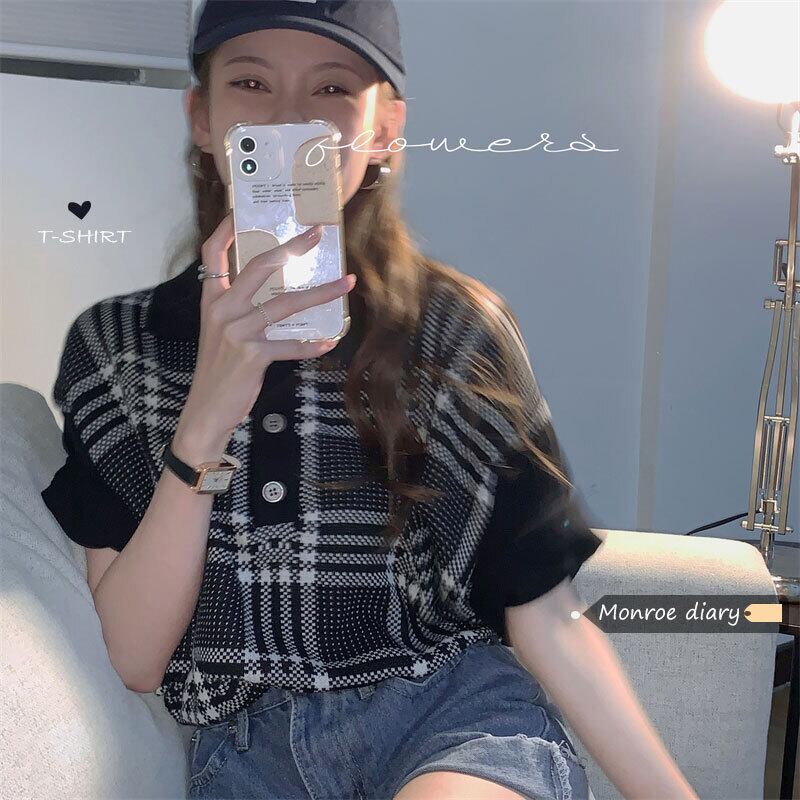 カラースタンダードブラック格子柄セーター 薄手ジャケット サマートップス レトロ 夏物 モンロー1213801262