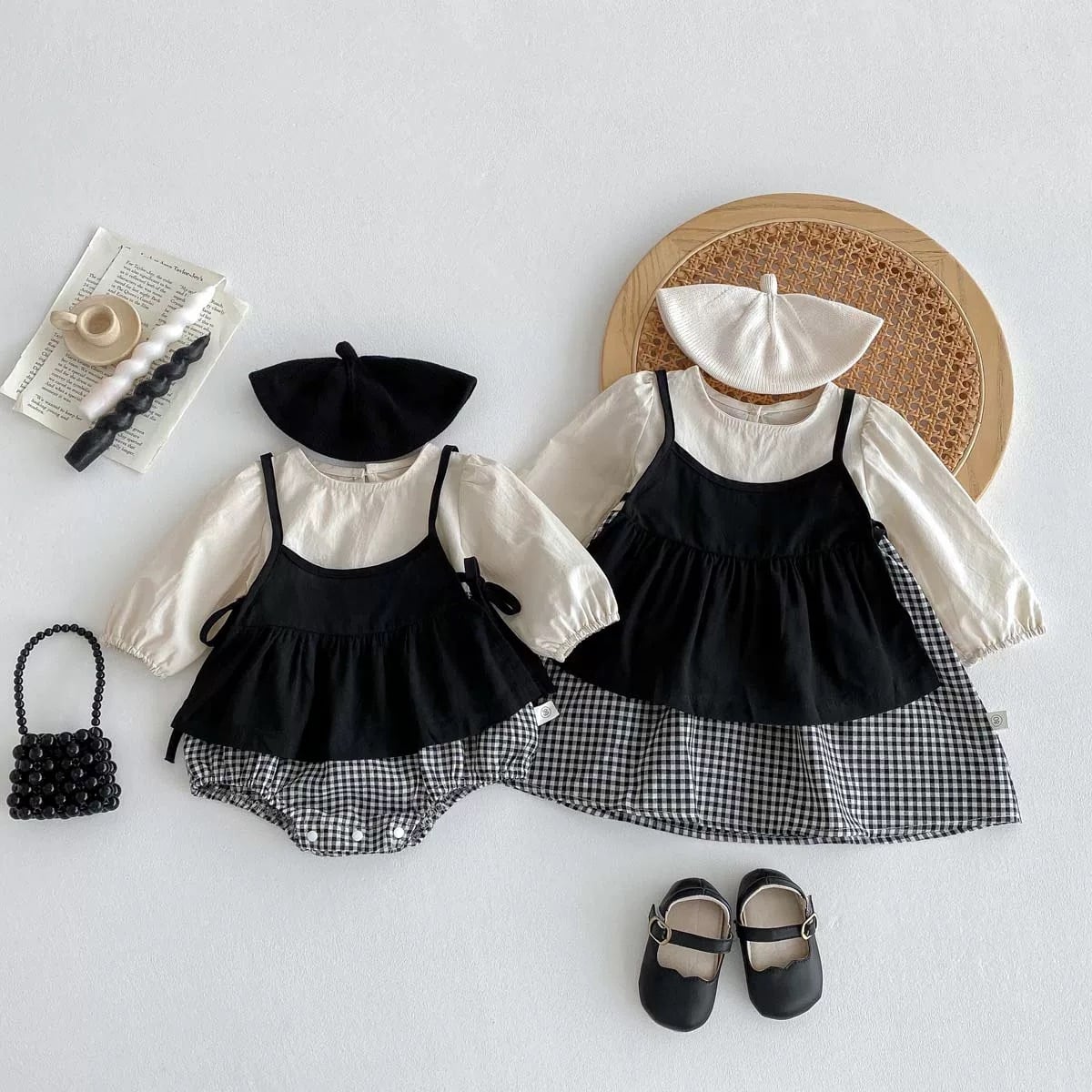 ベビー女の子チェック柄ロンパースセットアップ 姉妹お揃い lwb0065