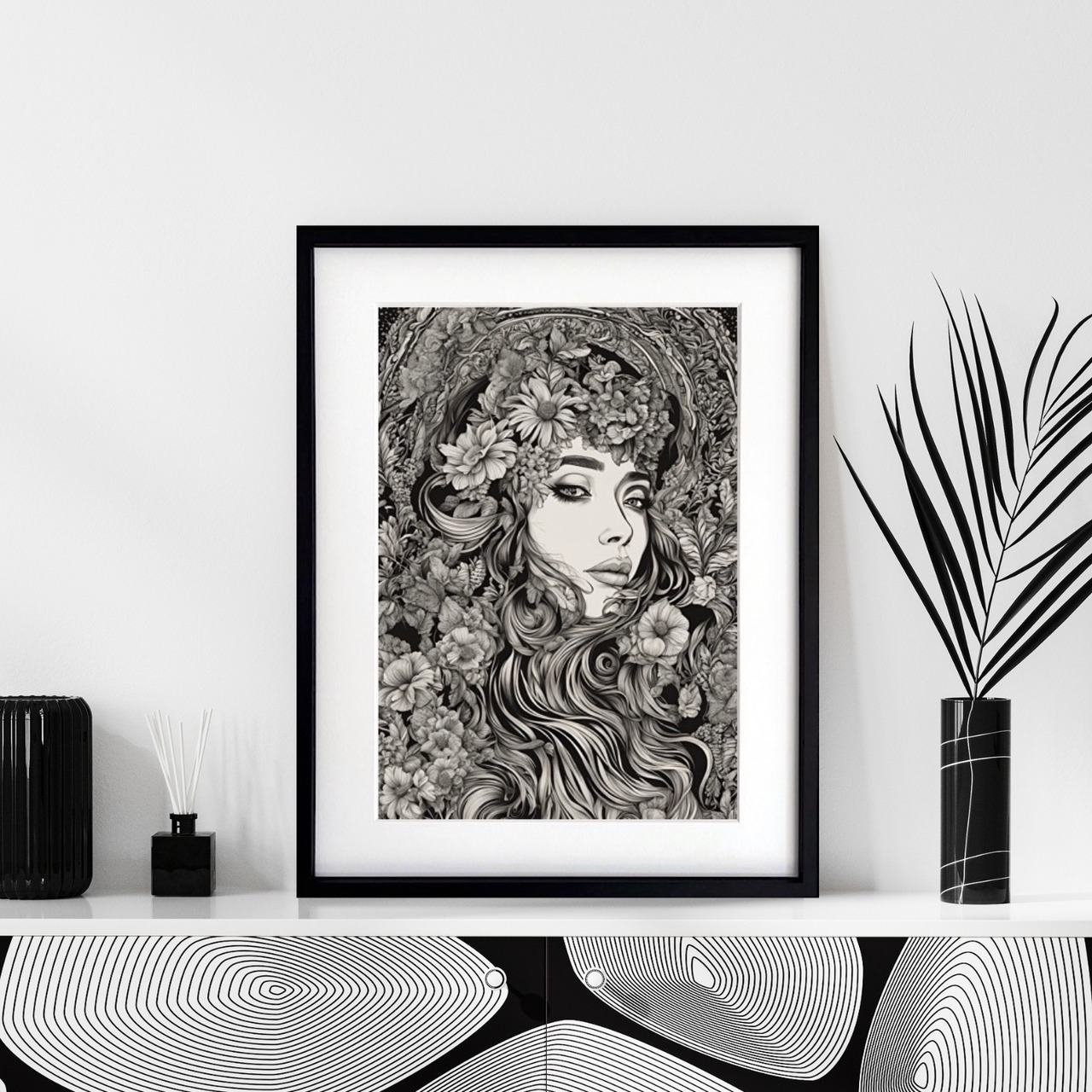 Monochrome Muse｜花と女性が織りなす静寂の美｜白と黒で描く繊細なラインアートポスター｜上質なモノクロの世界A2ポスター
