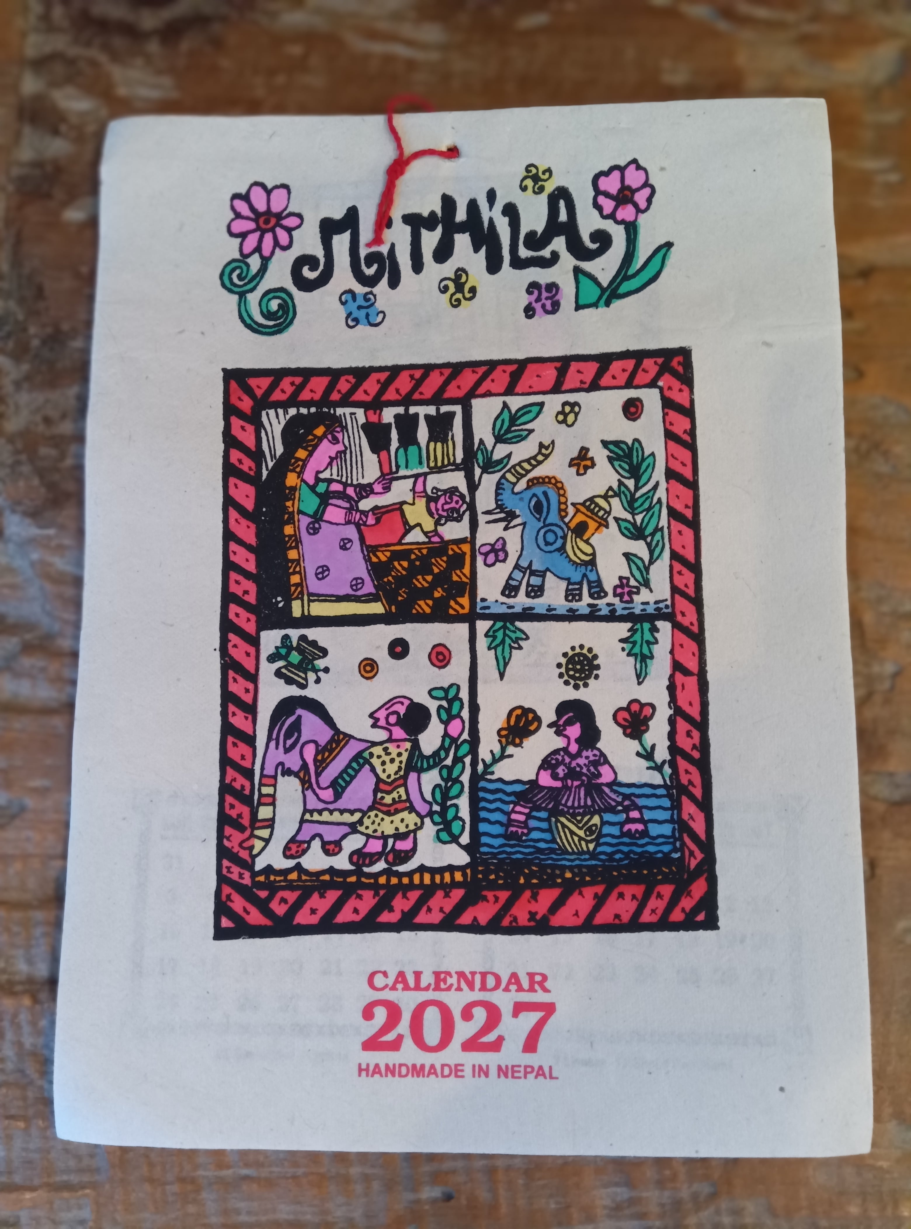 ミティラーアート】2027年 カレンダー A4 ネパール手漉き紙 ロクタ紙