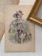 アンティークポストカード ハットの素敵なマダムと犬 フランス 1913年 額装 インテリア コレクション コラージュ
