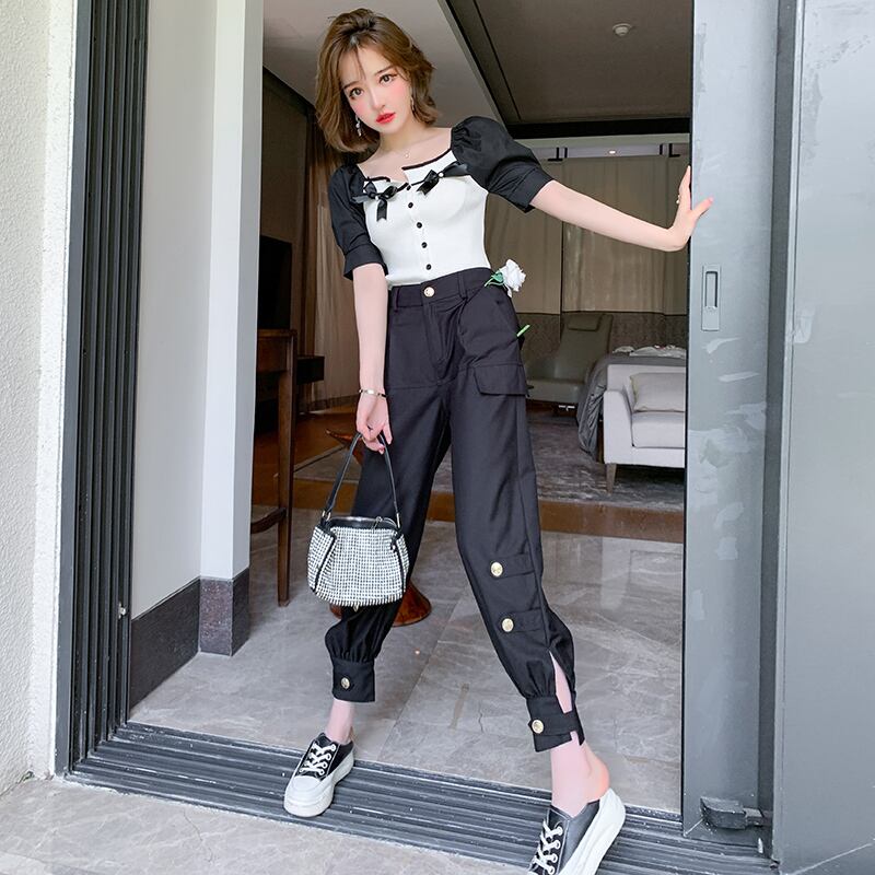 スリーブニットセーター ウェストギャザーオーバーオール サマー リボン レース 夏物 MIUCO25067120286