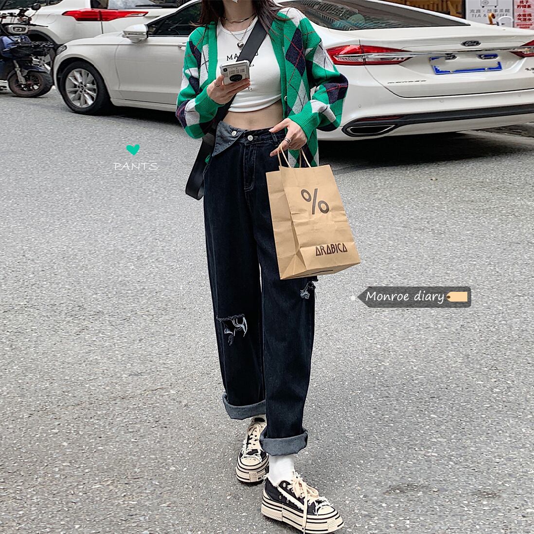 ダークハイウェストウェストパンツ スプリングオータム薄手ルーズ 春物 秋物 モンロー89586229553