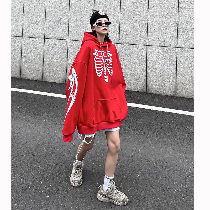 姝姬シリーズ パーカー 2color 黒or赤 トップス 髑髏 男女兼用 ファッション 原宿風 かっこいい M L Xl 2xl Elegant