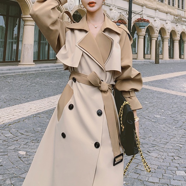 バイカラーロングトレンチジャケット　m0016