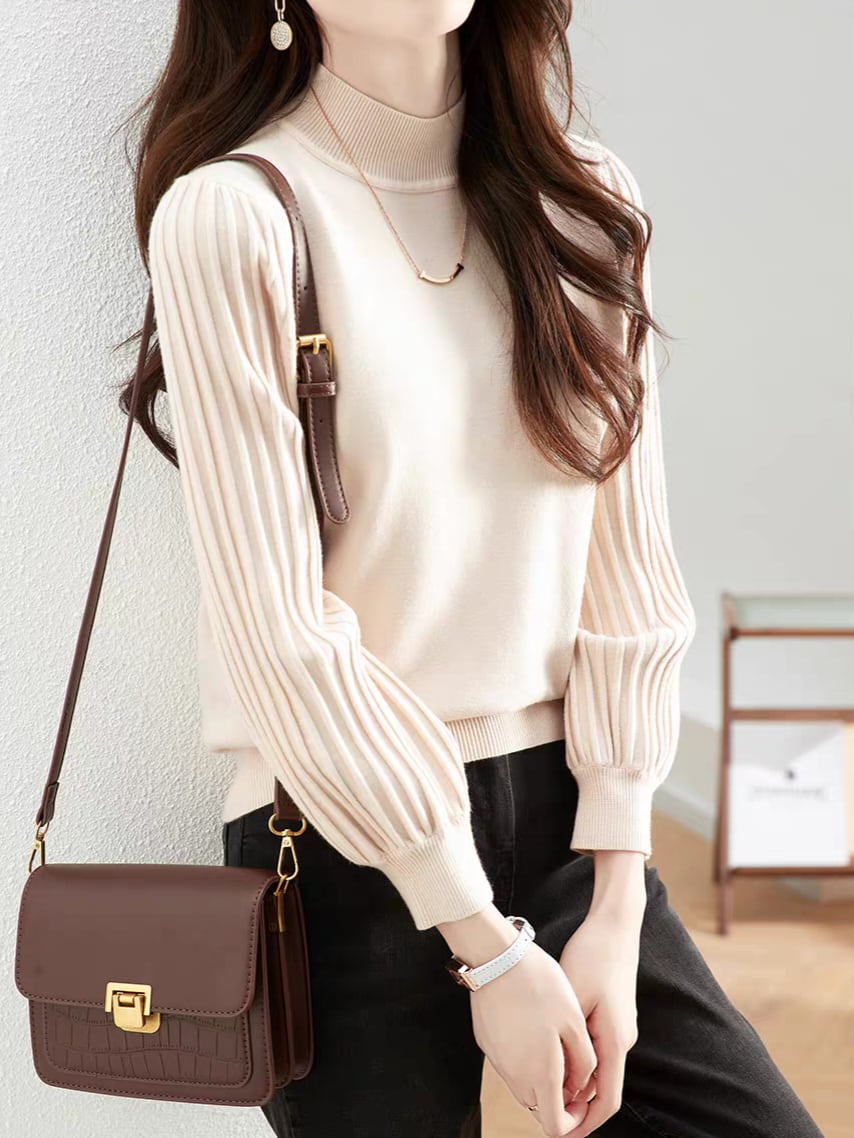 Long puff sleeve high neck knit pullover L0756