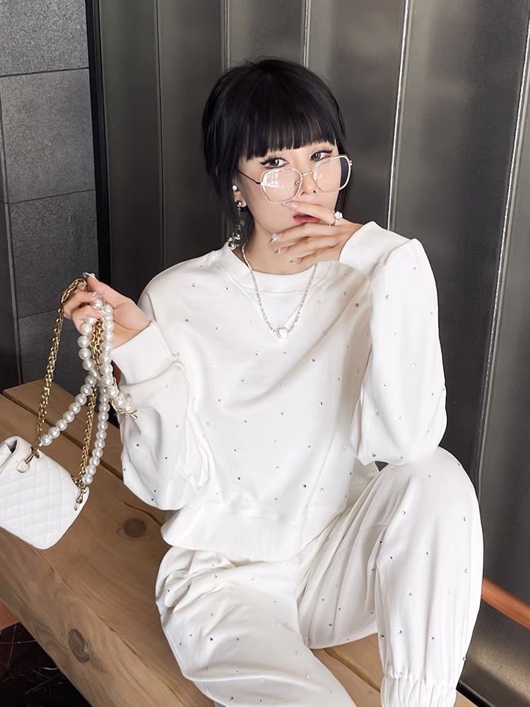 セットアップ】スウェット 黒 ブラック ストリート 白 ラインストーン