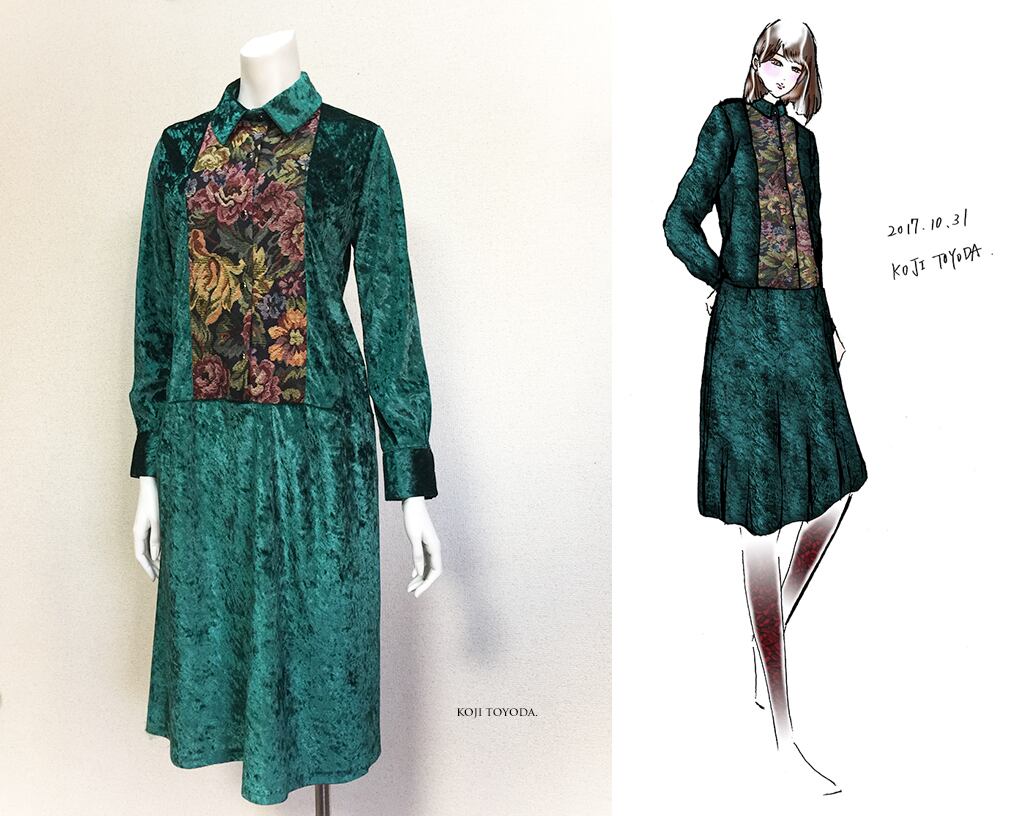 1点もの・デザイン画付き】ゴブラン織り切り替えベロアワンピース緑  