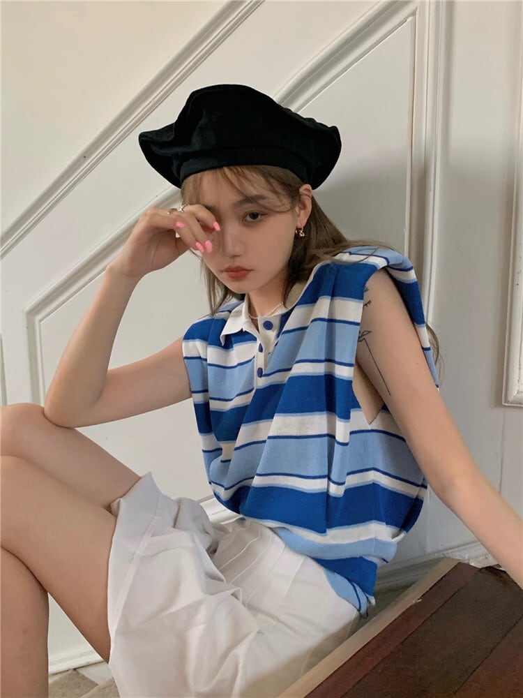 スタイルストライプノースリーブ薄手セーター ジャケット サマーカラートップス 大人ガーリー スウィート キュート カジュアル 夏物 モンロー47607704359