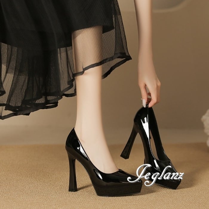 4色 パンプス チャンキーヒール エナメル 光沢感 高さ 10cm/12cm(MA843)ω