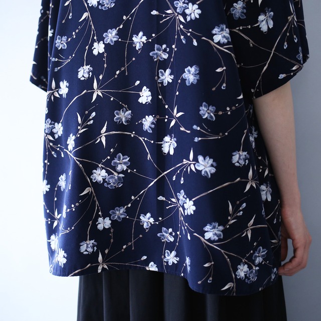 "花柄" navy base beautiful blue flower open collar h/s shirt