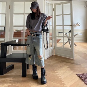SERMEET藍色ダメージデニムクロップドパンツ