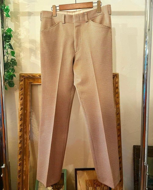 70s  "unkown"brown color Houndstooth  pattern slacks 【L】