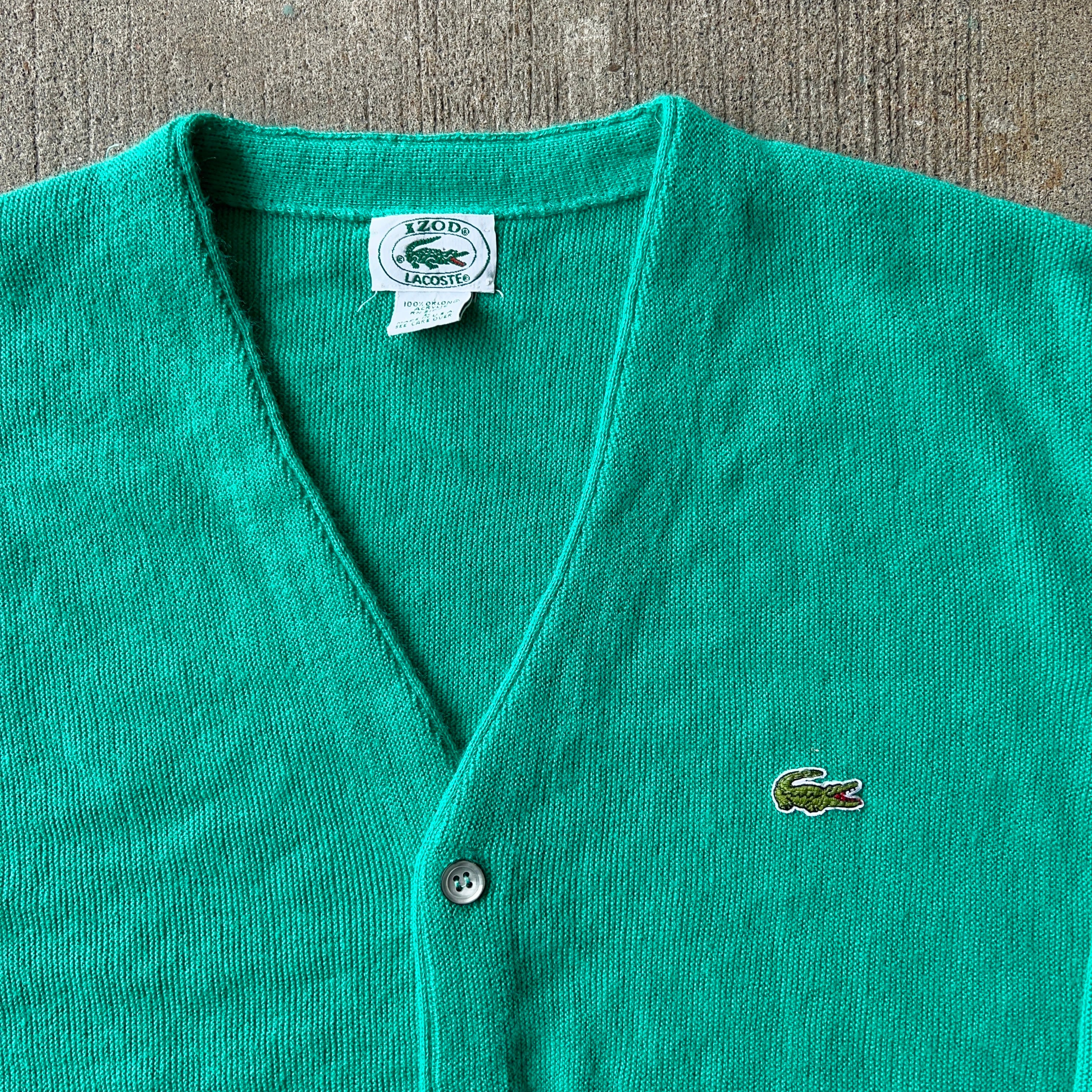 80's LACOSTE アクリルニットカーディガン ターコイズグリーン USA製 SIZE L【0920A02】