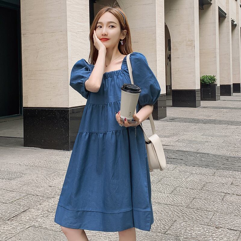 【新作】【送料無料】 マタニティウェア2020夏の新しいウォッシュドデニムスクエアネックドレスルーズエイジドミドルレングスマタニティAラインスカート-アリババ サマー 夏物 スクウェア expec275715968449