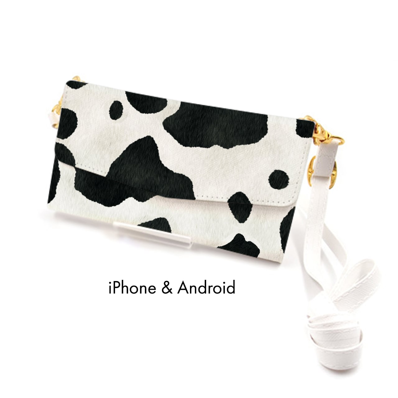 送料無料 iPhone/Android 牛柄のショルダーストラップ付き三つ折り手帳 