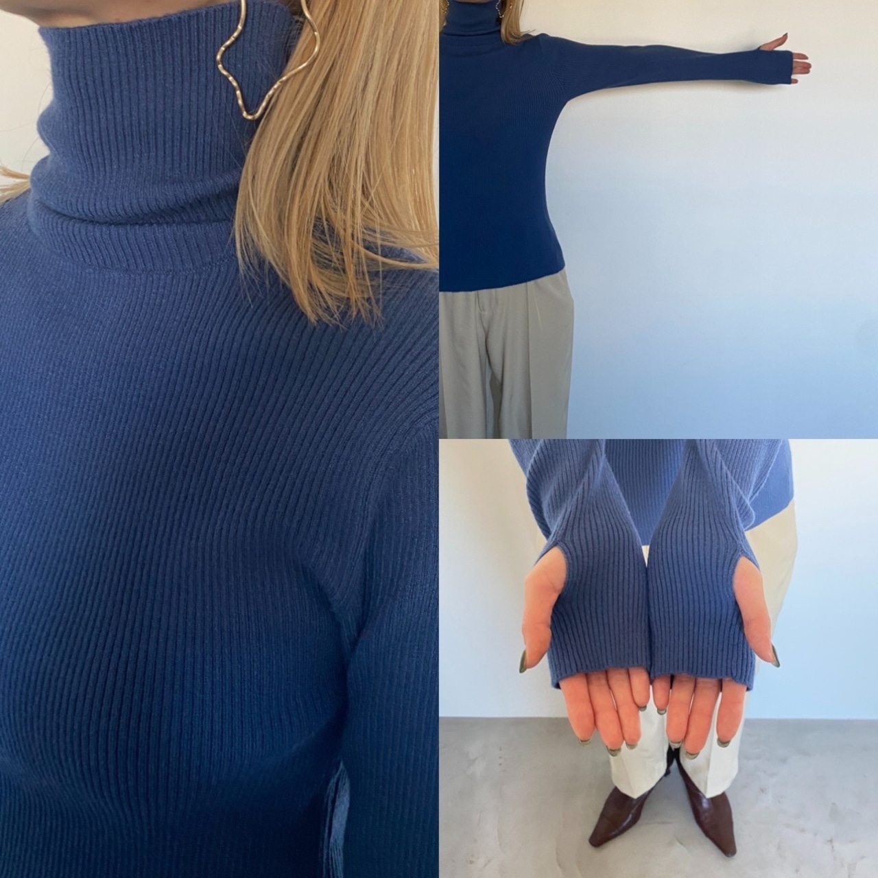 finger holes highneck rib knit/blue