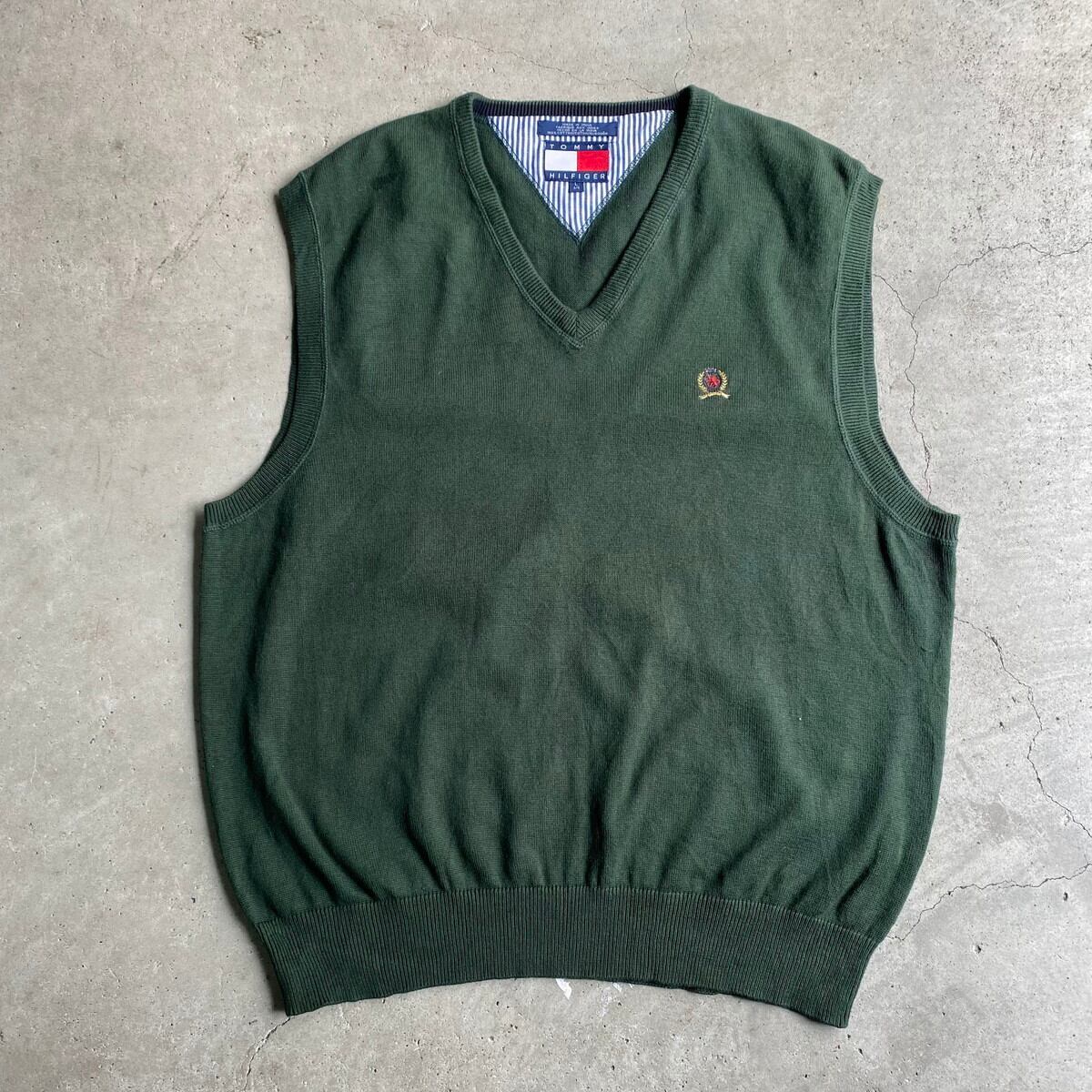 90年代 TOMMY HILFIGER トミーヒルフィガー Vネック コットンニットベスト メンズL ヴィンテージ ワンポイント 刺繍 古着 グリーン  緑色 ビンテージ 90s【ニットセーター】【SA2204】 | cave 古着屋【公式】古着通販サイト powered by BASE