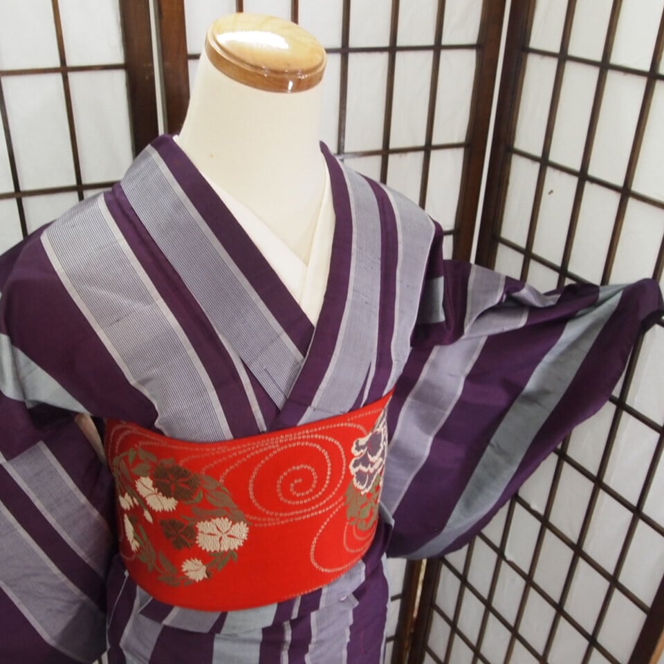 アンティーク着物'(単衣)】紫と灰色の縦縞模様の銘仙着物 | ひふみ屋