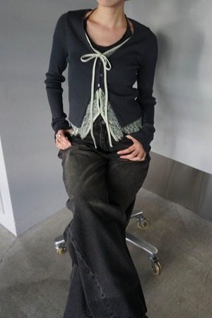 LACE LAYERED RIBBON RIB CARDIGAN (GREEN) 2509-94-308