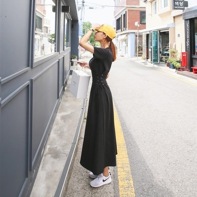 ワンピース Tシャツワンピース ロング サイドレースアップ ウエストマーク 半袖 無地 カジュアル ロング丈 ミモレ丈 シンプル ラウンドネック 可愛い おしゃれ 春 夏 秋 オルチャン 大人 代 30代 40代 デート お出かけ 女子会 旅行 レディース 韓国 韓国ファッション