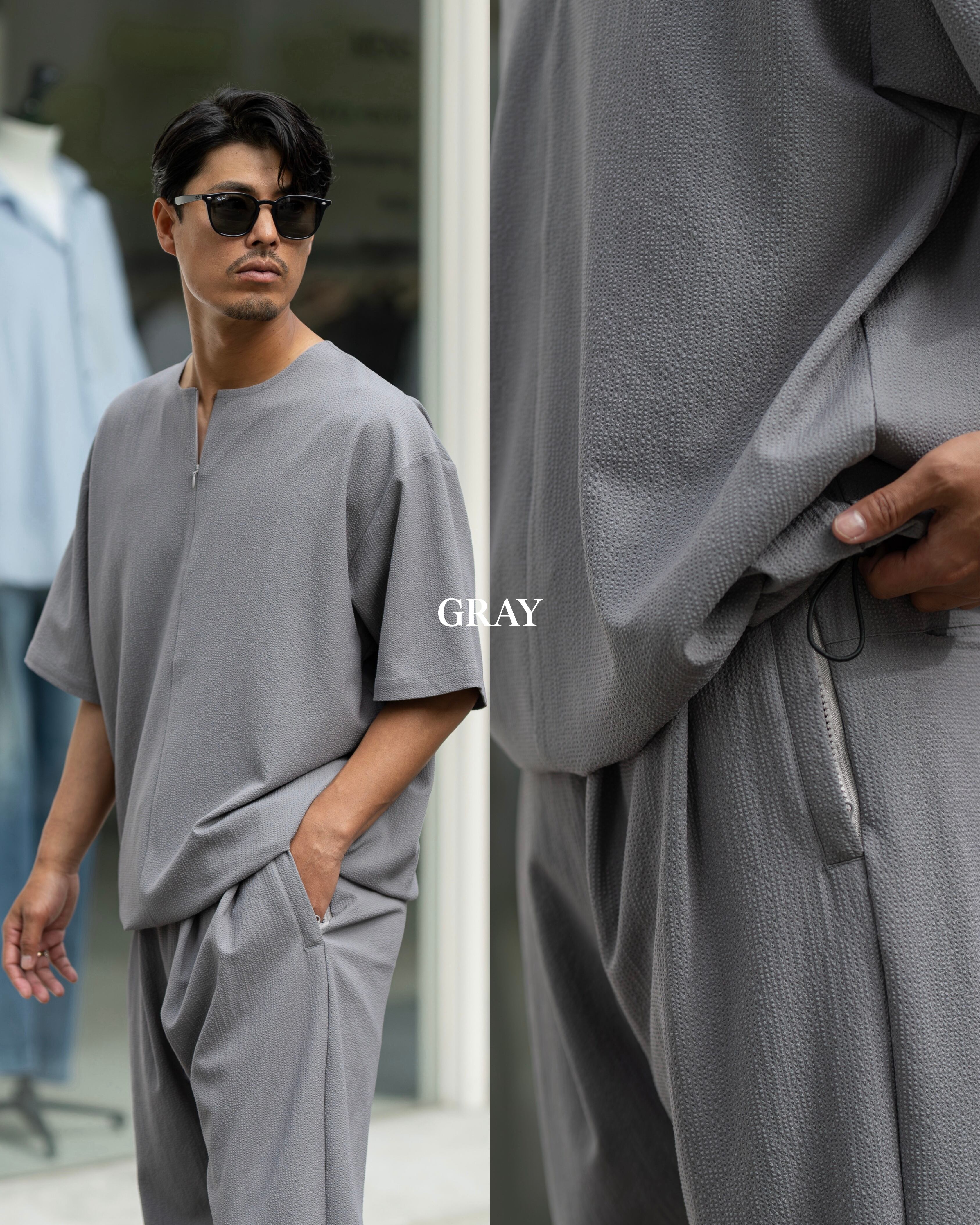 Stretch Seersucker Zip Henley Neck［2652amy-6］キーネック | AMUY