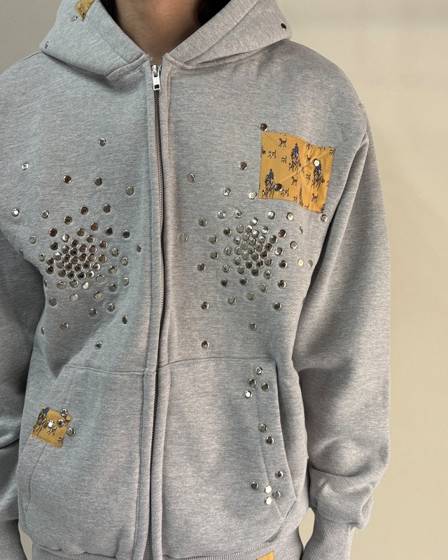 【Hannah Creak】Studded Hoodie Double Zip Grey