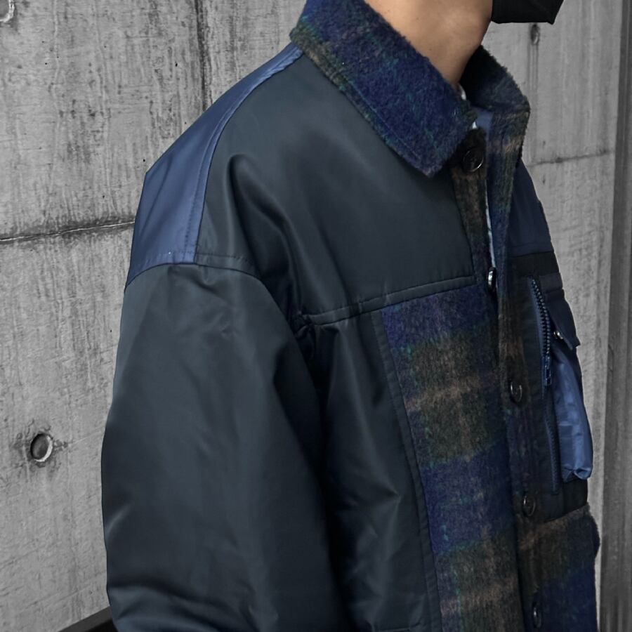 Feng Chen Wang】PANELLED FLANNEL SHIRT JACKET(NAVY) | AYIN