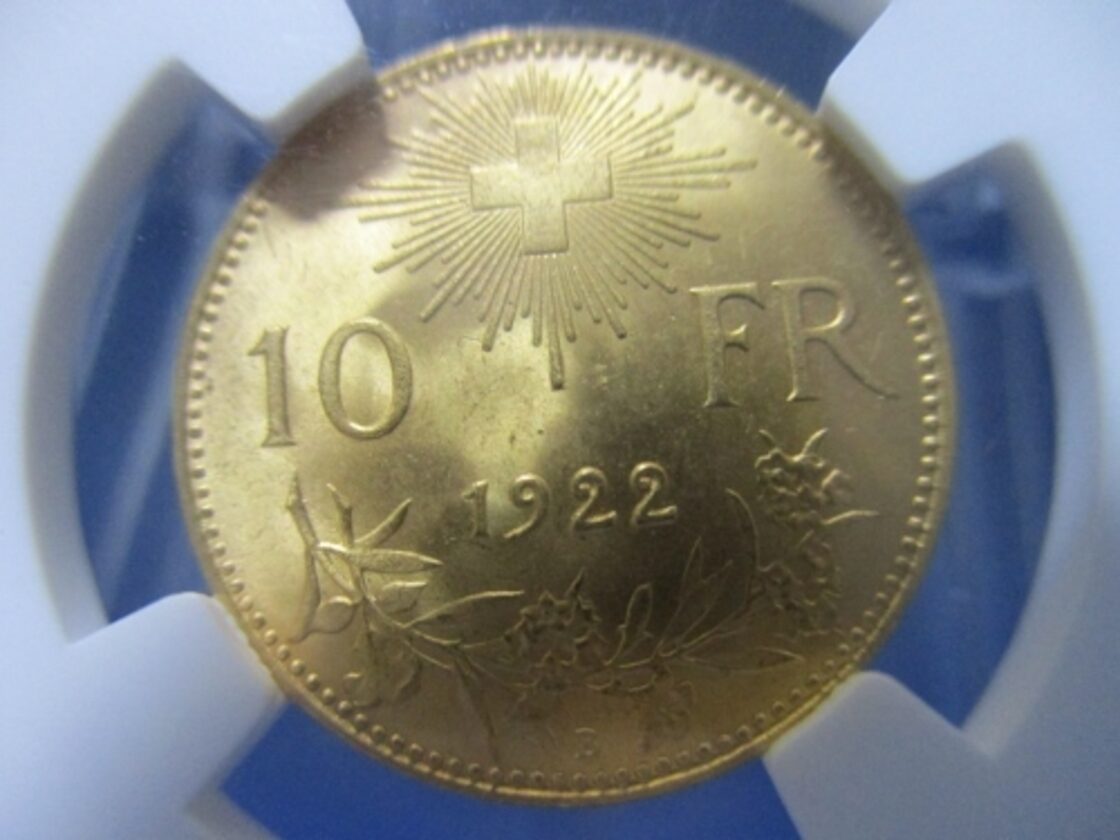 スイス 10フラン金貨☆ヘルヴェティア／1922年B／NGC MS67